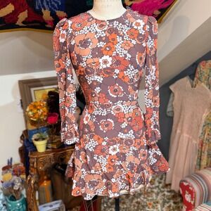 Realisation Par Mary Jane Shrooms 100% Silk Mini Dress Brown Orange White XXS